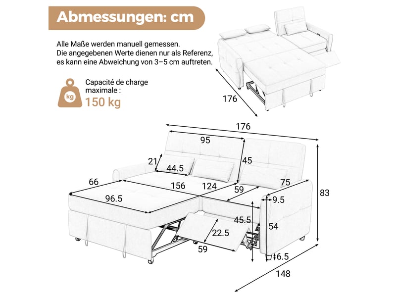  Canapé-lit 3 places extensible en chenille gris, dossier réglable 90° à 180°  - Conforama C