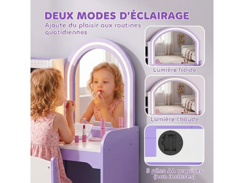  Coiffeuse enfant avec miroir led et tabouret en mdf violet 80 x 41,5 x 97 cm  - Conforama D