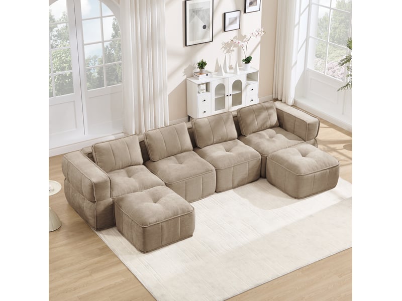  Canapé modulable en u 4 places avec 2 poufs, en polyester beige sable  - Conforama B