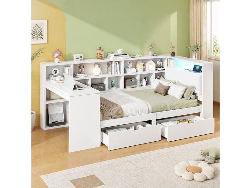  Lit 90x200 cm en l avec bureau, étagères, tiroirs et led blanc  - Conforama C