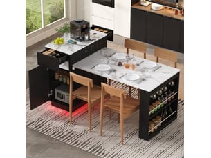 Îlot de cuisine avec plateau extensible, roulettes, éclairage led, prises usb et type-c, noir