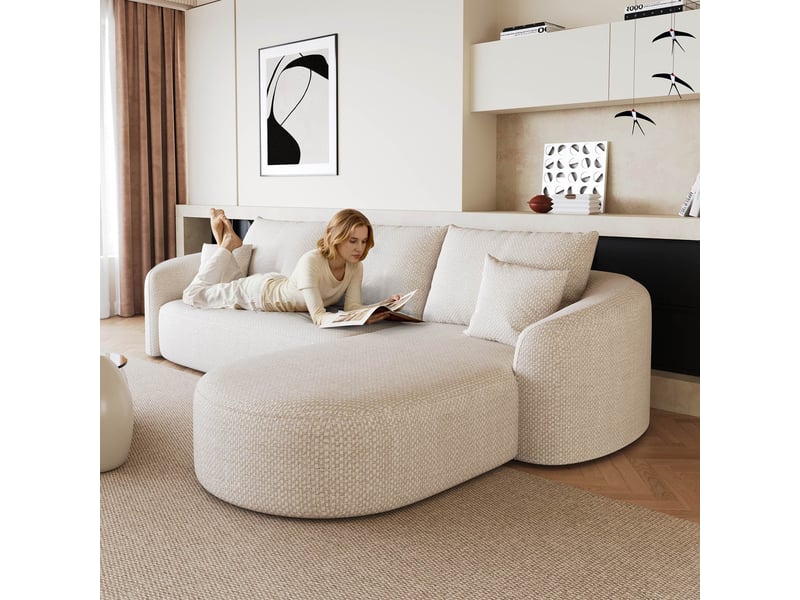  Canapé d'angle modulable en l 266 cm, mousse compressée sans montage canapé 4 places sans armature en bois, tissu chenille blanc Sol Morn - Conforama E