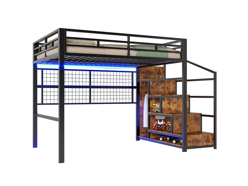 Lit mezzanine tcqpz 140 x 200 cm en métal noir avec escalier de rangement, led 7 couleurs, sans matelas  - Conforama A