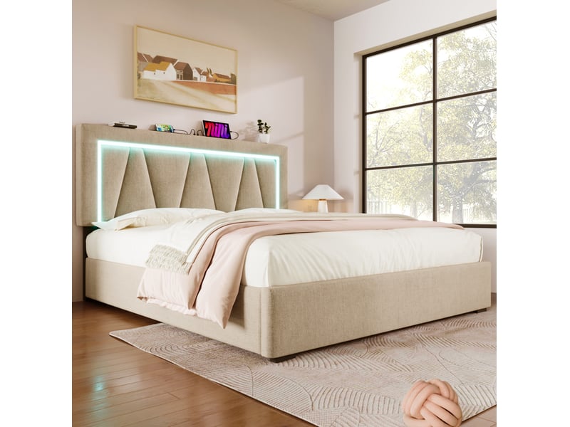  Lit coffre 140 x 200 cm beige avec led, usb et usb type-c  - Conforama D