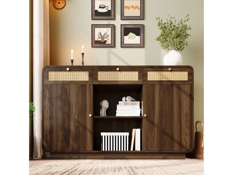 Buffet 3 tiroirs, 2 portes et 2 niches avec étagères réglables pour salon 120×40×85 cm noyer - Conforama B