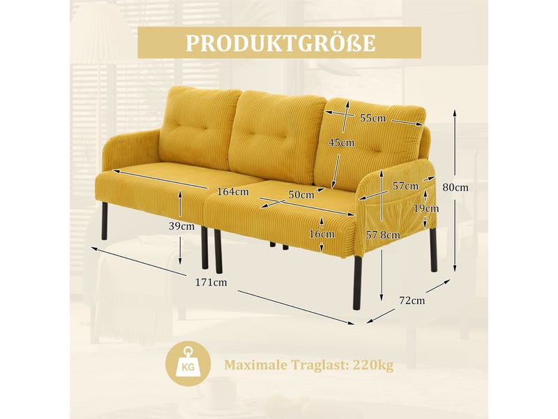 Canapé 3 places 171 x 72 x 80 cm, assise rembourrée, dossier haut, poches latérales, pieds en métal, velours côtelé, jaune Bliss Lite - Conforama C