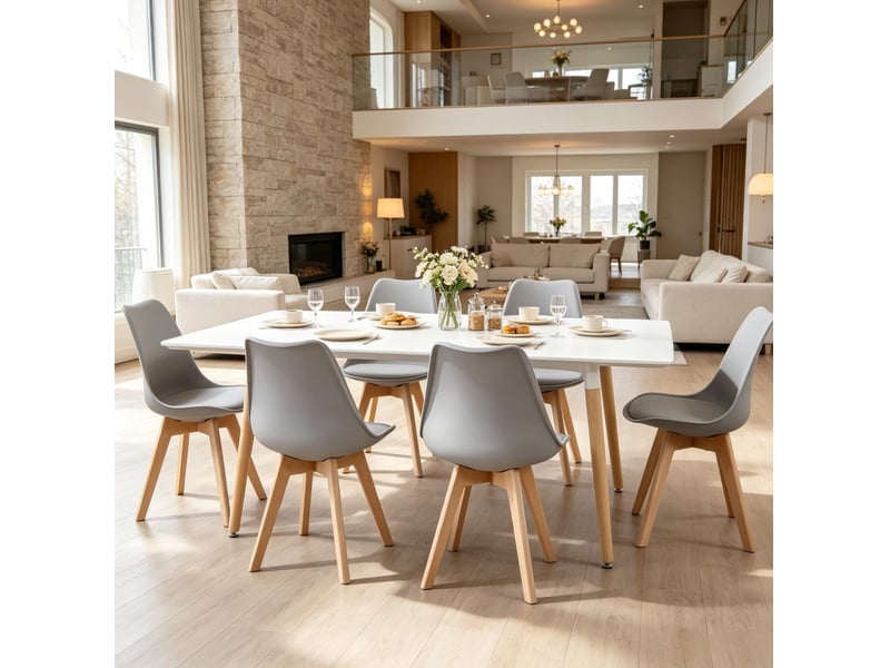  Chaise de salle à manger lot de 6 avec assise rembourrée et patins en similicuir, plastique et bois, gris et bois clair  - Conforama B