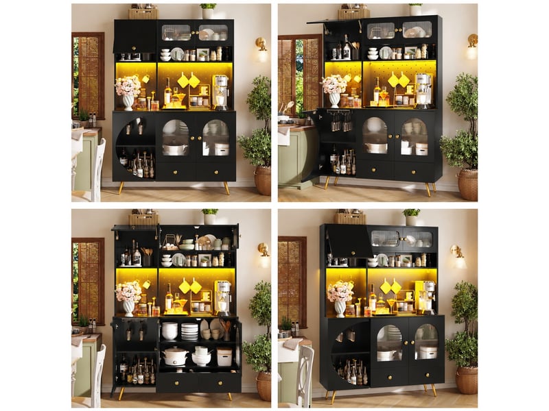  Meuble de cuisine muvano, buffet haut noir avec éclairage led, prises usb et rangements, 120 x 40 x 176 cm  - Conforama B