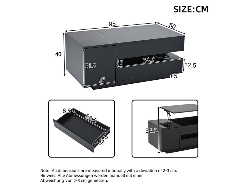  Table basse relevable avec 1 tiroir, 1 placard, niche ouverte, led et rangement caché pour salon 95 × 50 × 40 cm  - Conforama D