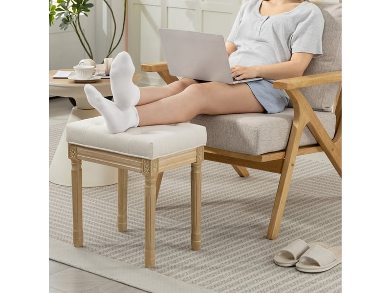  Tabouret repose-pieds 42 x 32 x 46,5 cm beige en polyester, assise capitonnée style campagne  - Conforama B