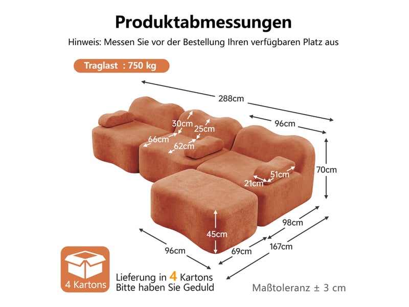 Canapé d'angle modulaire ulevr 3 places avec ottoman, velours orange, assise profonde 288 x 167 cm - Conforama C