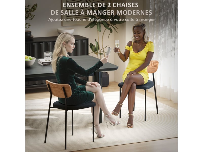 Lot de 2 chaises de salle à manger avec pieds en acier, gris et effet bois naturel, dossier incurvé et assise rembourrée  - Conforama A