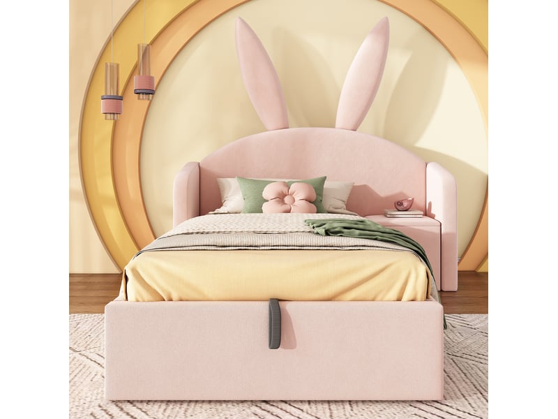  Modenvie lit enfant coffre 90x190 cm - avec rangement intégré, table de chevet réversible, sans matelas - rose  - Conforama D