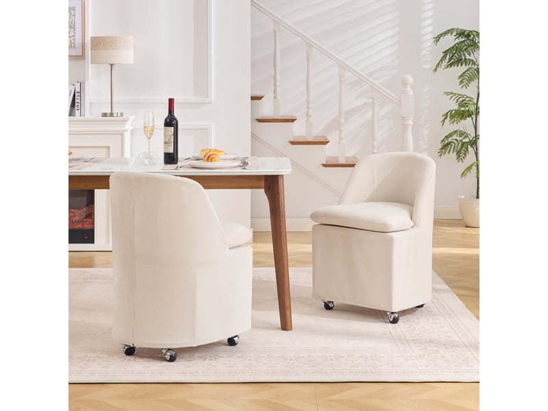  Chaises de salle à manger chenille 058 beige lot de 2 avec roulettes et housse amovible  - Conforama B