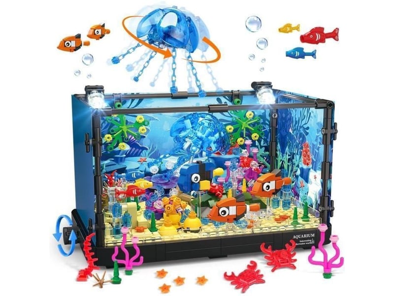  Set de construction aquarium 725 pieces avec 2 led, fond oceanique amovible et animaux marins mobiles  - Conforama A