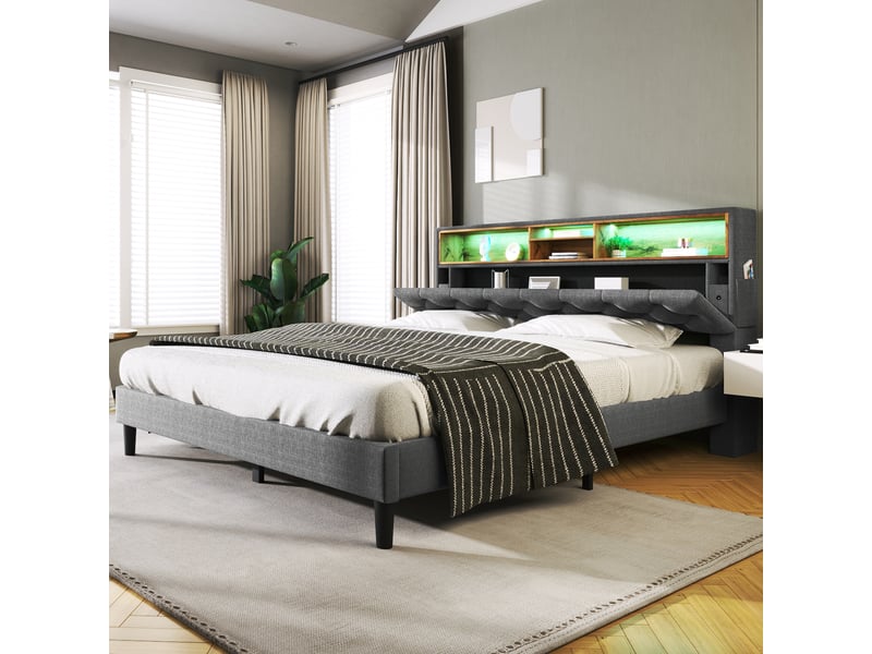  Lit double rembourré 140*200cm avec tête de lit rangeante, led et sommier en bois, gris, sans matelas  - Conforama C