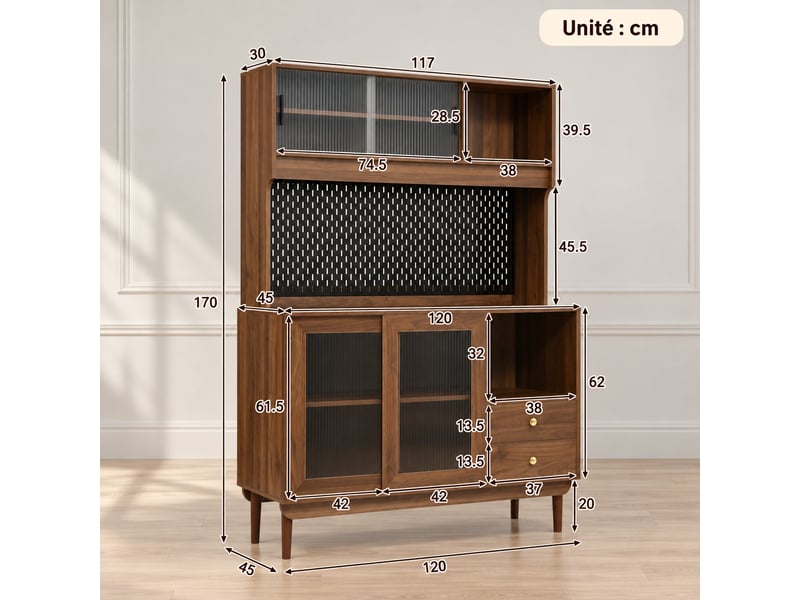 Buffet de cuisine meuble 120x50x170cm, avec portes coulissantes en verre et 2 tiroirs,rangement généreux buffet salon - Conforama C