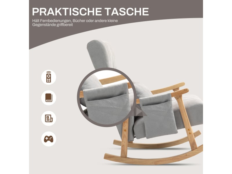 Fauteuil à bascule rembourré gris, coussin lombaire, poche latérale, cadre bois, aspect lin, salon et chambre  - Conforama D