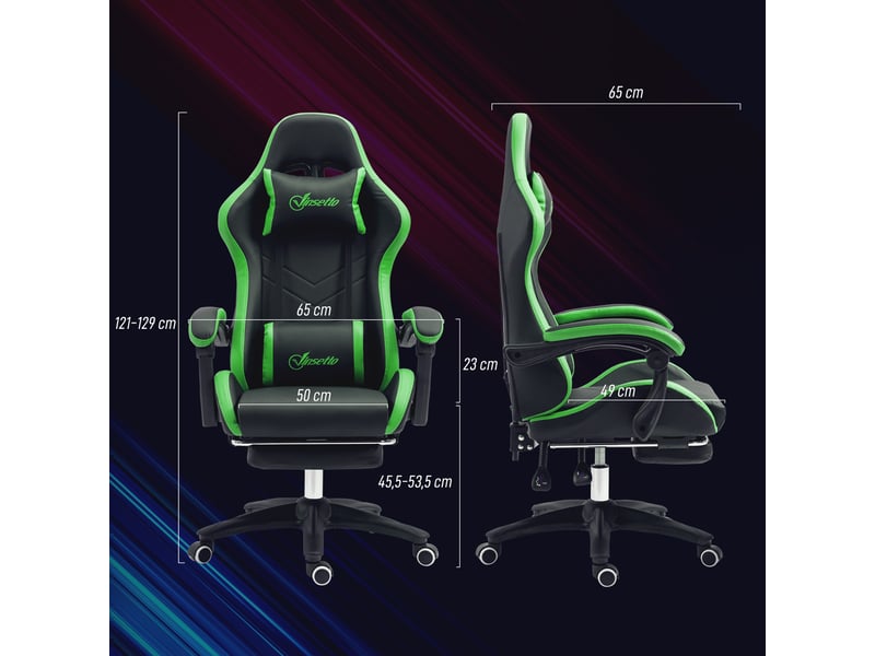  Fauteuil de jeu inclinable à 135° en similicuir avec appui-tête et repose-pieds, 65 x 65 x 121-129 cm, noir et vert  - Conforama E