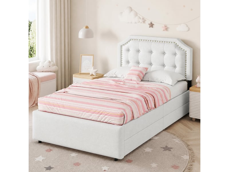 Lit simple rembourré 90x200 cm avec 2 tiroirs, beige clair - Conforama C