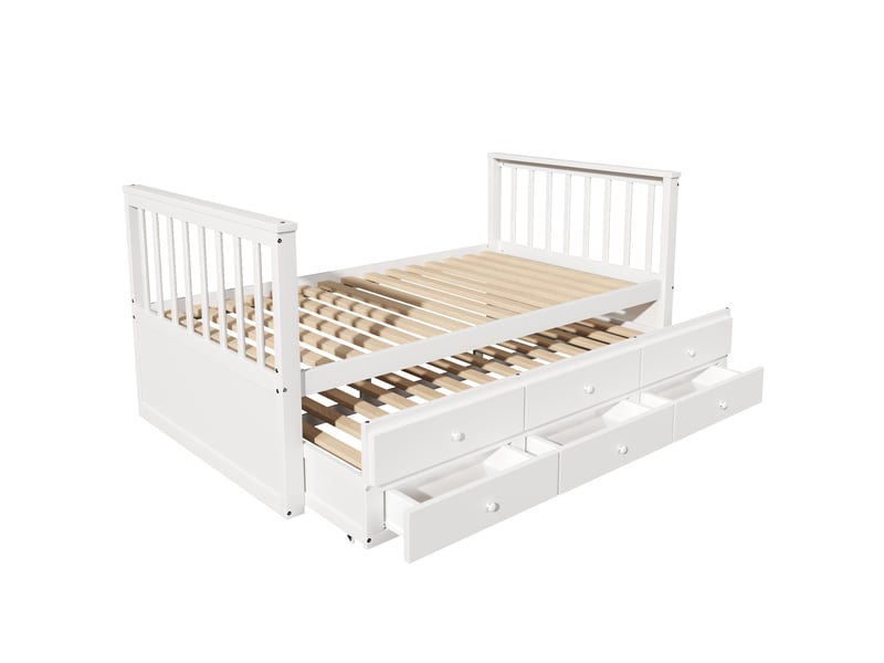  Lits simples 90x200cm (90x190cm), lits enfants, lits de jour, lits en bois massif, lits simples avec lit gigogne, lits simples avec trois tiroirs, blancs  - Conforama E