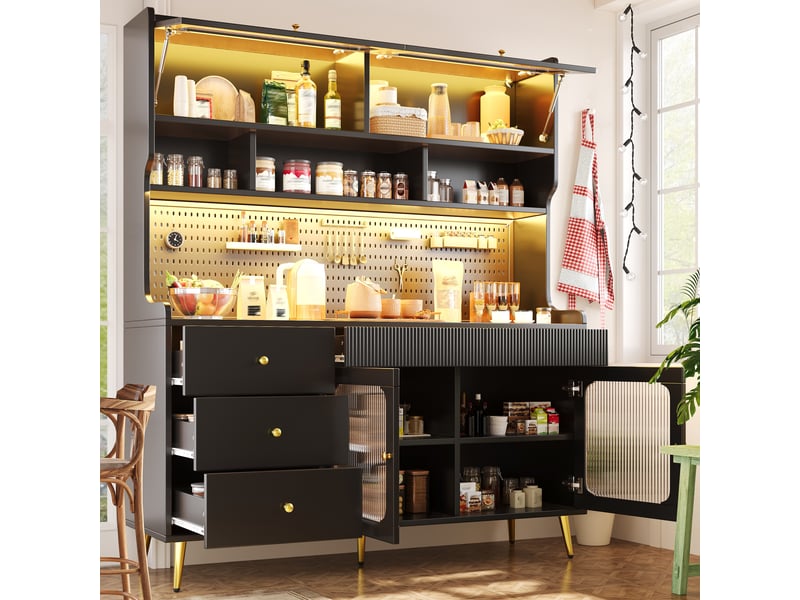 Meuble haut de cuisine 145 x 39 x 171 cm noir, avec 4 portes et 5 tiroirs, led rgb via application, étagères en verre - Conforama B