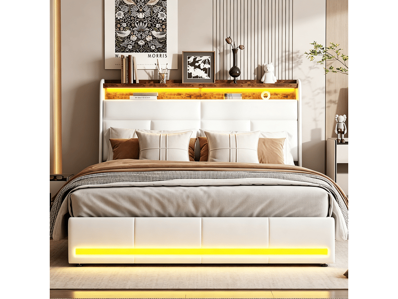  Lit 140x190 cm, tt01, led réglable, hydraulique, contemporain, lit adulte, cadre de lit double 140x190 cm, tissu pu, blanc  - Conforama B
