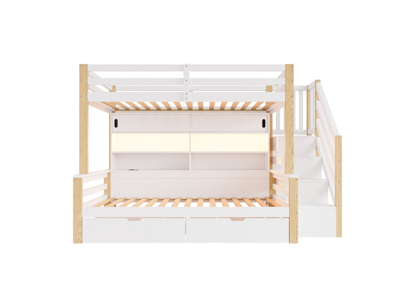 Lit superposé en bois massif blanc et naturel 90x200 cm, led, usb, escalier rangement - Conforama A