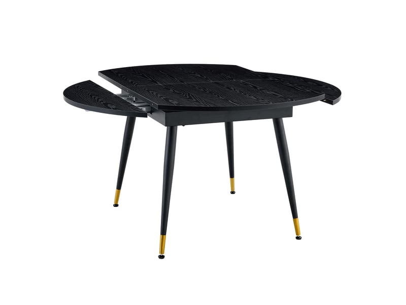 Table à rallonges, pouvant passer d'une forme ronde à une forme ovale, plateau en mdf rehaussé de touches dorées, noir - Conforama R