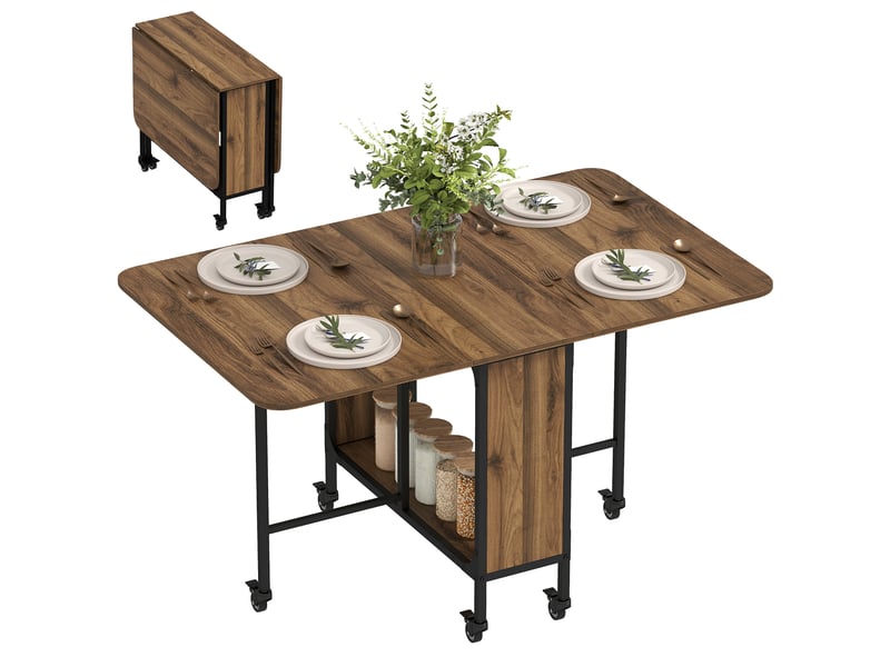  Table à manger pliante sur roulettes, table de cuisine pour 6 personnes avec étagère intégrée, 130 x 80 x 74 cm, marron  - Conforama A