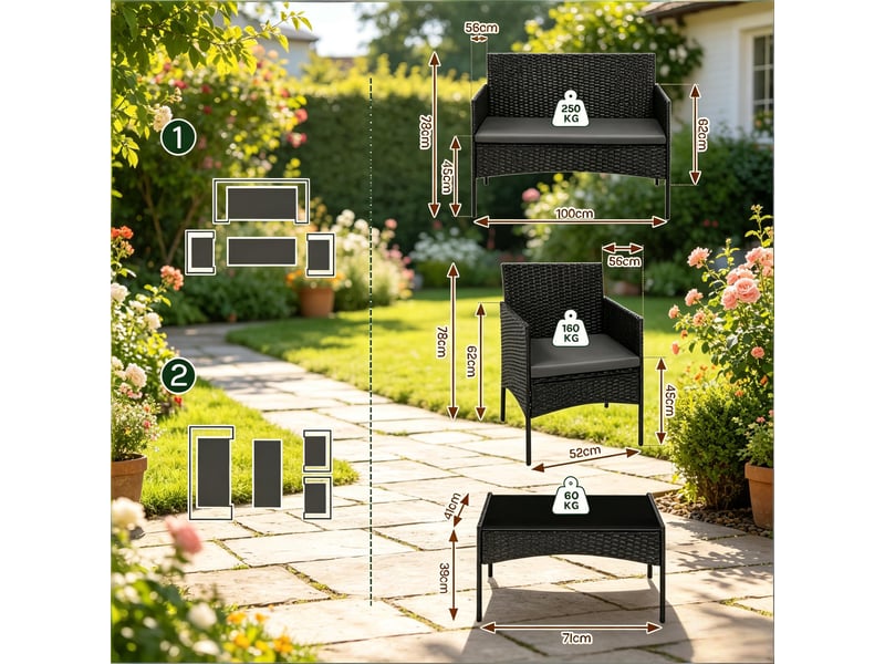 Salon de jardin,4 places 4 pièces avec table basse en verre,rotin pe,noir - Conforama C