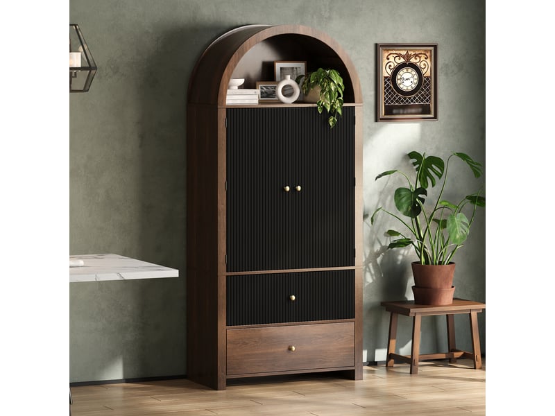  Buffet vitrine,80x40x180 cm,avec rangement,mdf,noir et naturel  - Conforama E