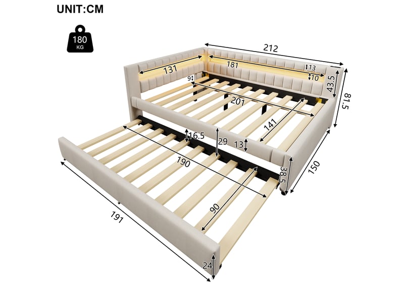  Lit banquette 140x200 canapé lit beige avec lit gigogne 90x190 led et ports usb type-c  - Conforama C