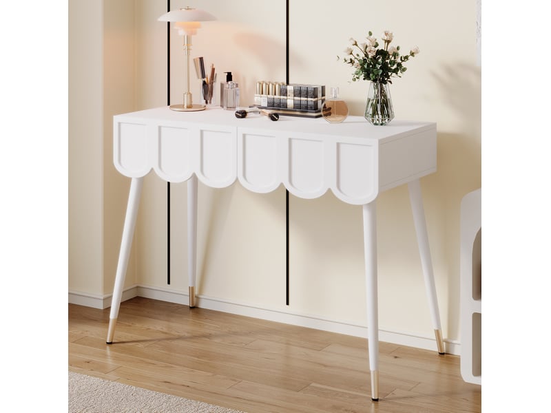 Coiffeuse élégante 100x40x76 cm avec 2 tiroirs, meuble de chambre, style moderne, gain de place, pieds métal, mdf blanc  - Conforama W
