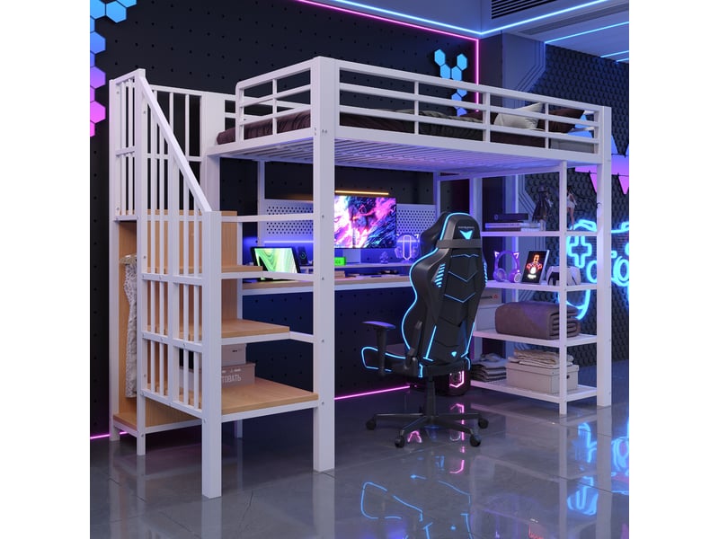 Lit mezzanine 90x200 cm, lit enfant, bureau, panneau perforé, barrière antichute, led, bois et métal blanc - Conforama A