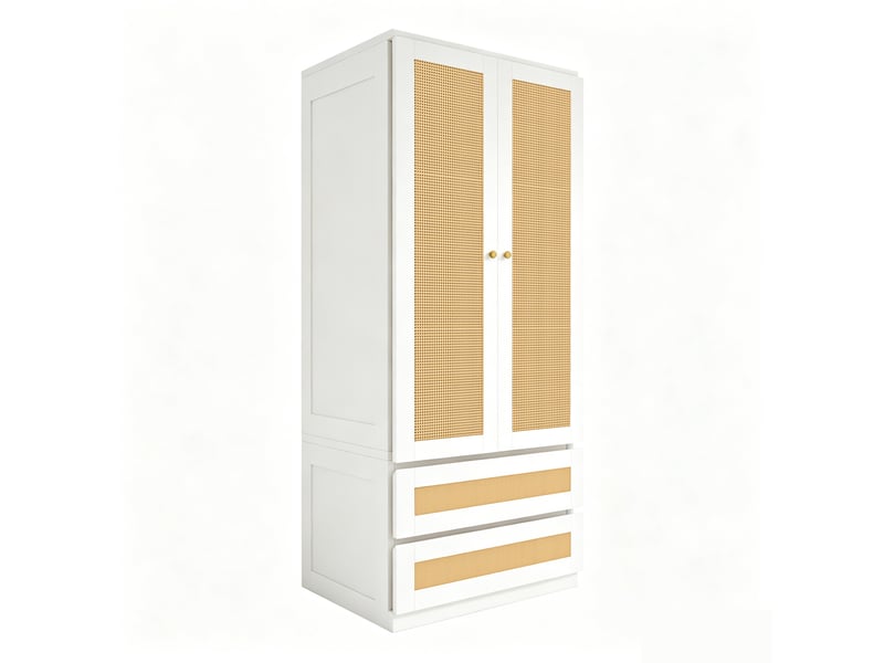  Armoire 2 portes 70 x 55 x 170 cm avec 2 tiroirs, décor effet rotin, blanche  - Conforama A