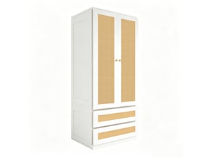 Armoire 2 portes 70 x 55 x 170 cm avec 2 tiroirs, décor effet rotin, blanche