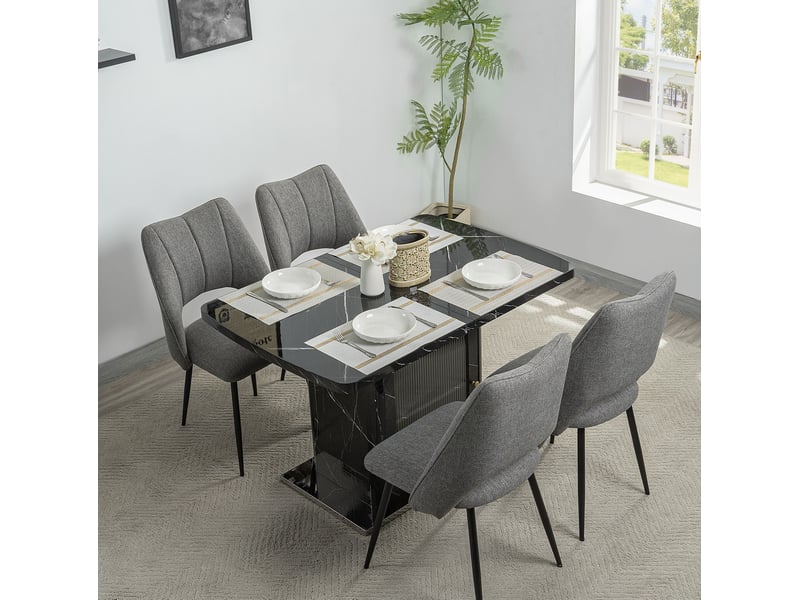 Table à manger extensible 120-160x80x76 cm, rangement 2 niveaux, porte vitrée, mdf, métal, noir effet marbre - Conforama D