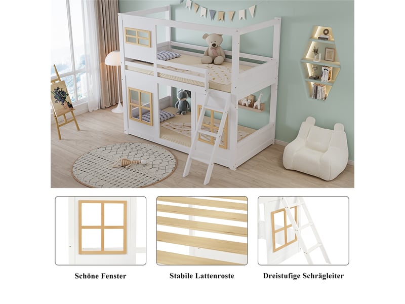 Lit superposé enfant 90x200 cm, barrières de sécurité quatre côtés, structure pin et mdf, design maison avec fenêtres, blanc et naturel  - Conforama D