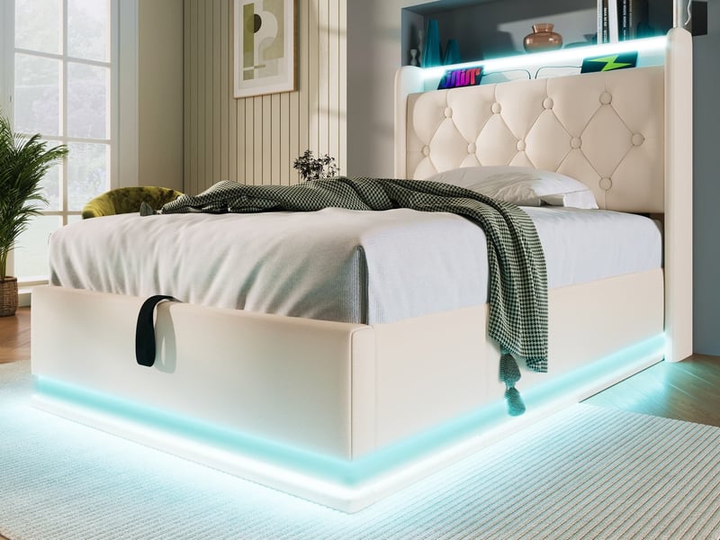  Lit simple en similicuir blanc, 90 x 200 cm, lit coffre avec éclairage led périphérique à 360° et port de charge  - Conforama B