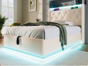 Lit simple en similicuir blanc, 90 x 200 cm, lit coffre avec éclairage led périphérique à 360° et port de charge
