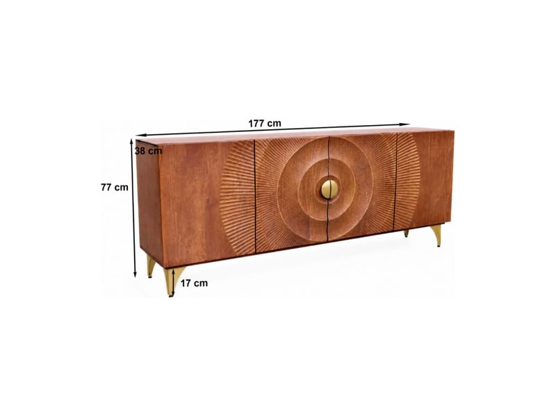  Buffet solaris 177 cm en bois massif de manguier – 4 portes sculptées motif solaire et pieds dorés  - Conforama C
