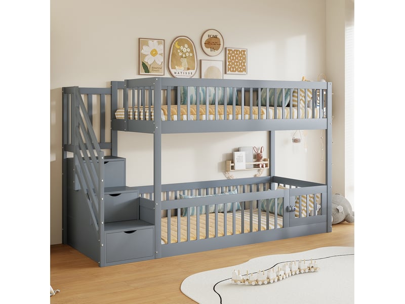  Lit superposé enfant 90x200 avec escalier de rangement gris evryae  - Conforama B