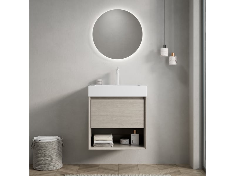 Meuble sous vasque avec 1 tiroir et 1 niche, vasque intégrée en résine, pour salle de bain, en bois, 55×46×60 cm - Conforama C