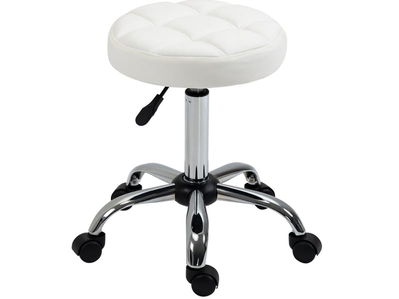  Tabouret roulant 35,5x51-67 cm pivotant réglable, avec roulettes, pour bureau et salon de coiffure, similicuir blanc  - Conforama A