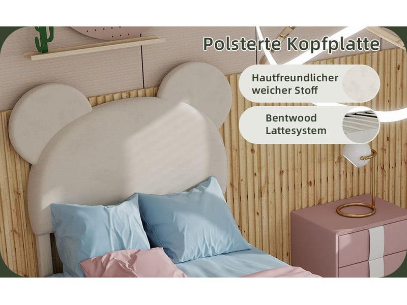 Lit coffre 90x200 cm beige avec tête de lit rembourrée motif cartoon et sommier à vérin matelas non inclus - Conforama D