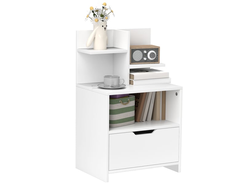 Table de chevet table de nuit avec tiroir, niche et étagères de rangement effet bois 45 x 35 x 73 cm blanc  - Conforama A