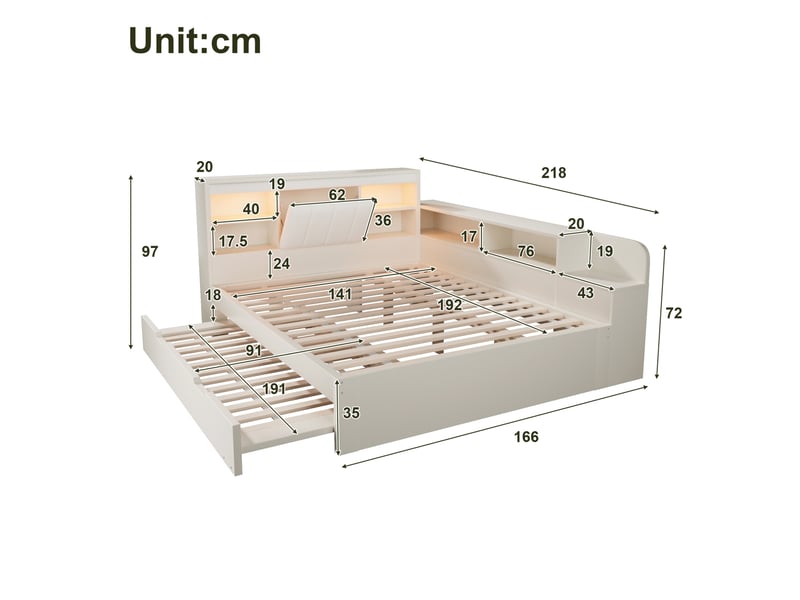 Lit gigogne 140x190 cm avec led, rangements et usb blanc - Conforama C