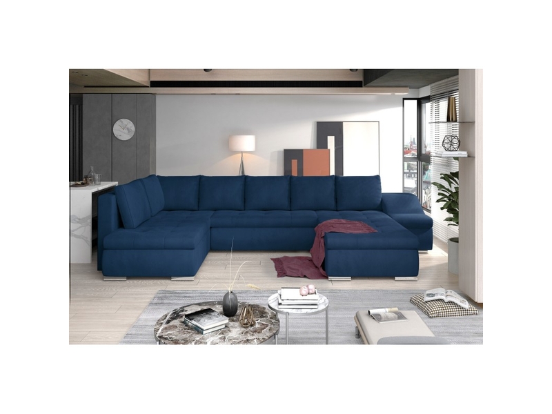  Canapé panoramique gyovani bleu marine angle droit convertible 6 places  - Conforama A
