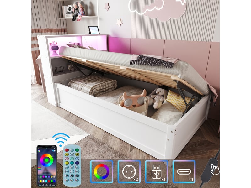  Lit simple 90x200 cm avec led et prise, cadre de lit adulte avec tête de lit de rangement, blanc, lit simple en bois massif  - Conforama E